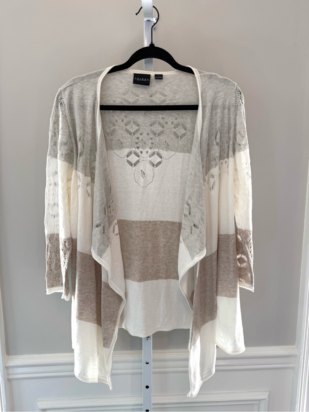 Tribal Open Front Striped Cardigan Taupe Ivory Lightweight Knit Sz L Boho